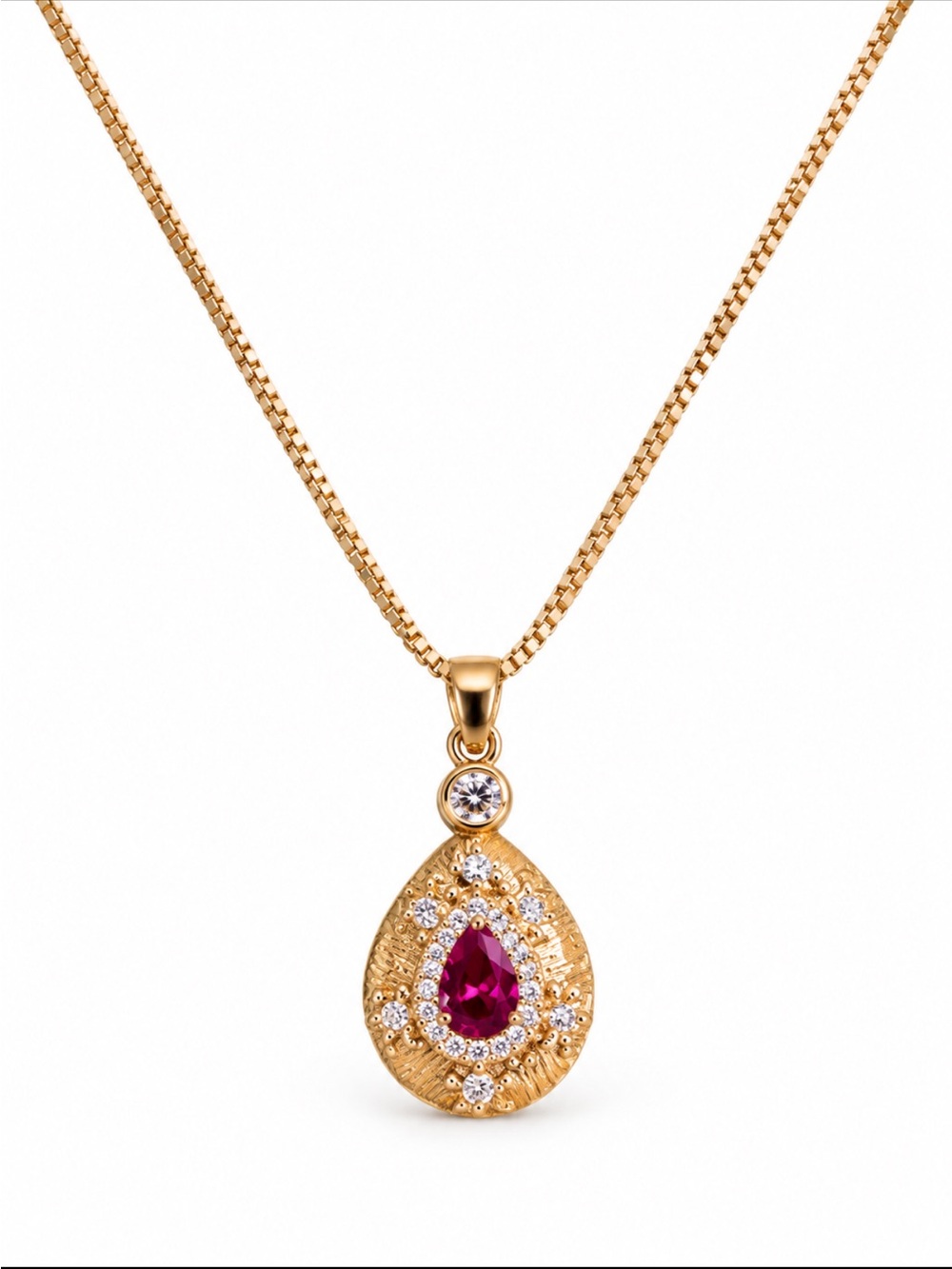 18k Gold Plated Pendant Necklace with Ruby Colored Center Stone NEW